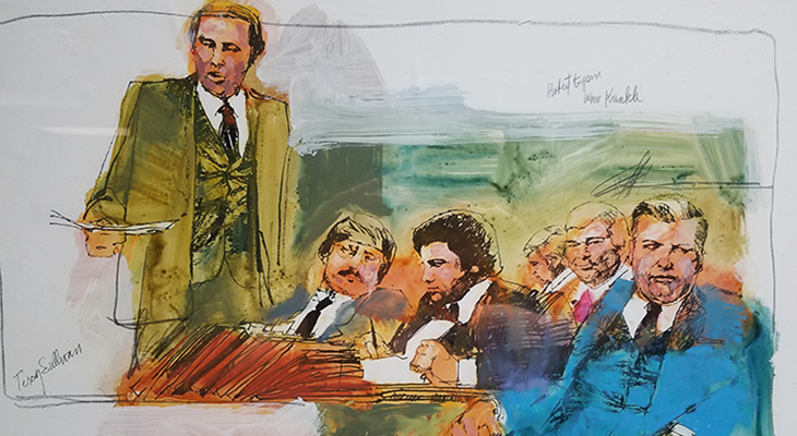 Courtroom drawing of the John Wayne Gacy trial. Prosecuting Attorney Terry Sullivan is reading from a document.